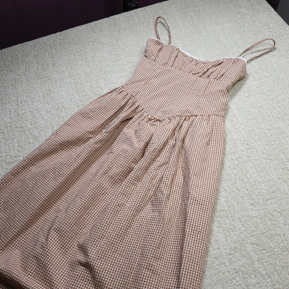 A New Day Brown Gingham Corset Midi Dress XS NWT Cottagecore Smocked Back